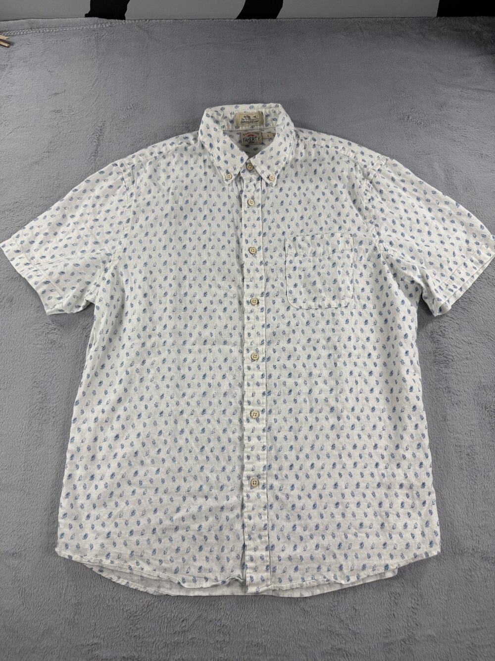 FAHERTY The Breeze Shirt Mens e Large Geometric White Blue Short Sleeve